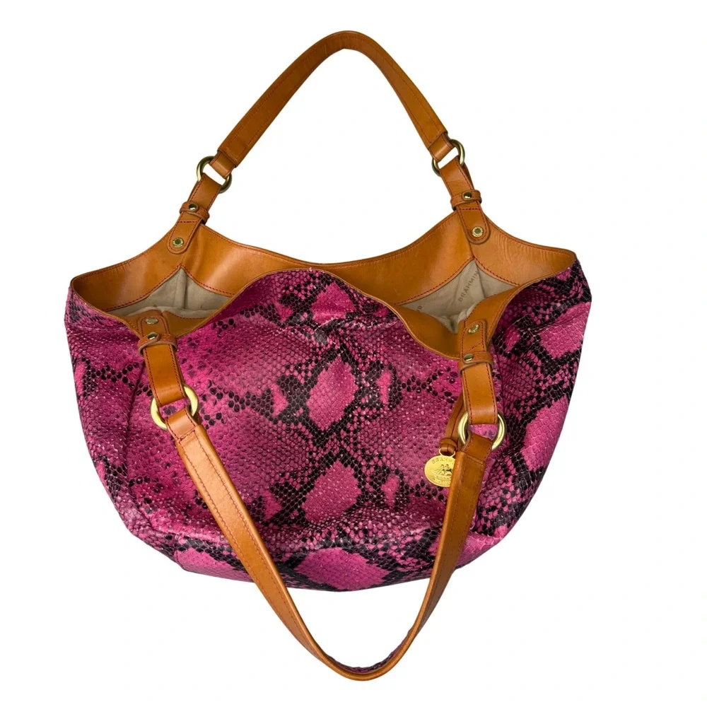 Brahmin Hot Pink Snake Embossed Leather Hobo Bag Y2K Boho Shoulder Purse Large